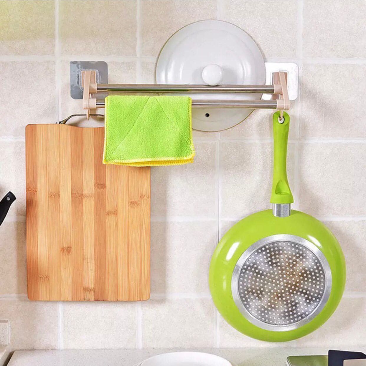 Stainless Steel Wall Mounted Double Shelf Bathroom Towel Rack, Self Adhesive Bath Wall Shelf with 2 Hooks, Wall Mounted Non Perforated Kitchen Utensils Rack Stainless Steel Wall Mounted Double Shelf Bathroom Towel Rack, Self Adhesive Bath Wall Shelf with 2 Hooks, Wall Mounted Non Perforated Kitchen Utensils Rack